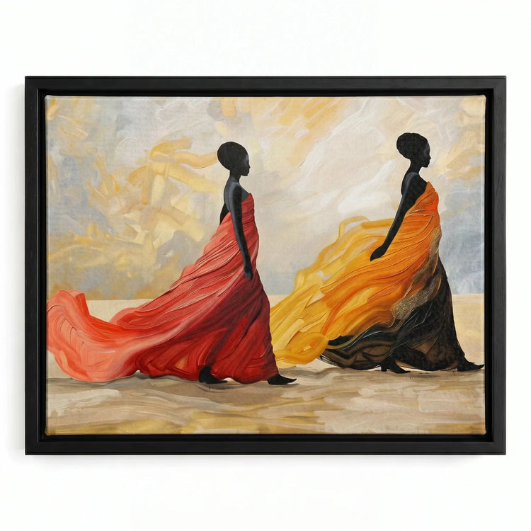Black excellence wall art in black floating frame, two regal Black women silhouettes in red and yellow flowing gowns. Digital mockup.