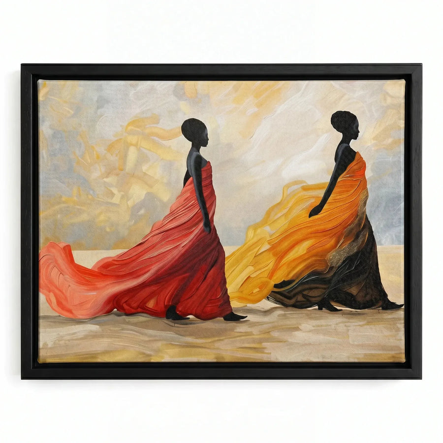 Black excellence wall art in black floating frame, two regal Black women silhouettes in red and yellow flowing gowns. Digital mockup.