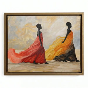 Black excellence wall art in gold floating frame, two regal Black women silhouettes in flowing red and gold gowns. Digital mockup.