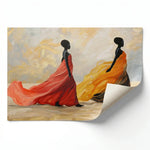 Black excellence wall art rolled canvas print ready for custom framing, two regal Black women in flowing gowns, oil painting. Digital mockup.