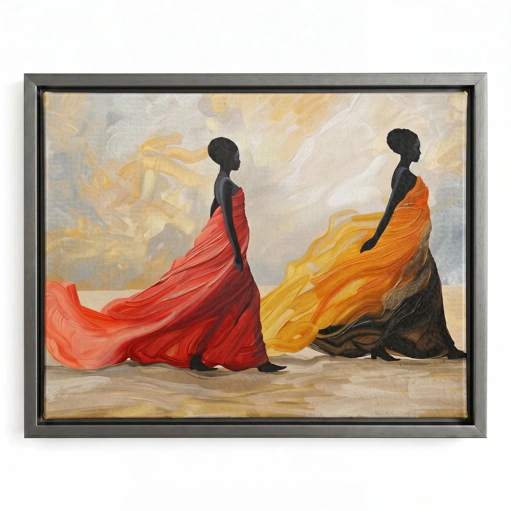 Black excellence wall art in silver floating frame, modern two regal Black women in flowing red and gold gowns, oil painting. Digital mockup.