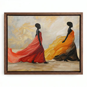 Black excellence wall art in walnut floating frame, regal Black women in red and gold gowns trailing fabric oil painting. Digital mockup.