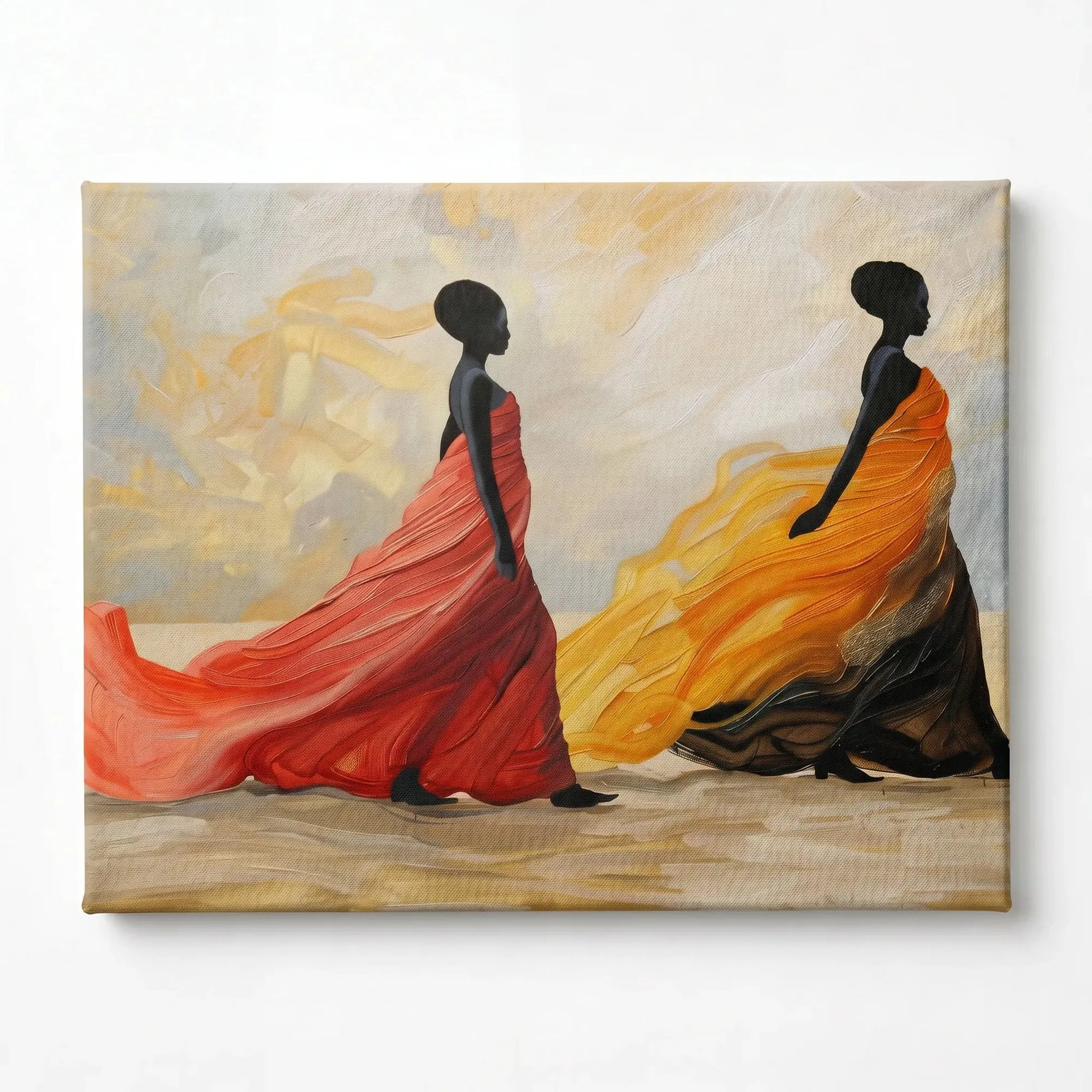 Black excellence wall art stretched canvas, ready to hang. Two regal Black women in flowing red and gold gowns, oil painting. Digital mockup.