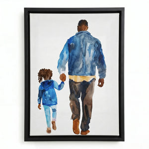 Black fatherhood canvas art in black floating frame, watercolor Black father in denim walking with daughter holding hands. Digital mockup.