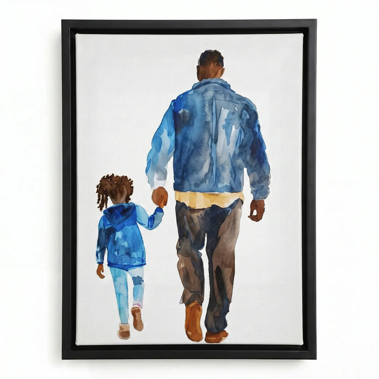 Black fatherhood canvas art in black floating frame, watercolor Black father in denim walking with daughter holding hands. Digital mockup.