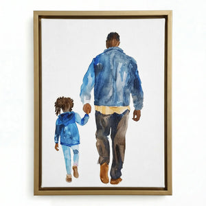 Black fatherhood canvas art in gold floating frame, watercolor Black father in denim jacket walking with daughter. Digital mockup.