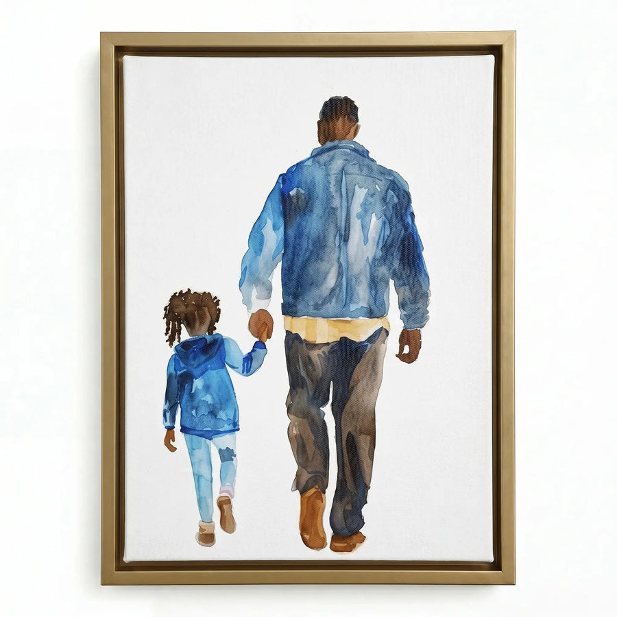 Black fatherhood canvas art in gold floating frame, watercolor Black father in denim jacket walking with daughter. Digital mockup.