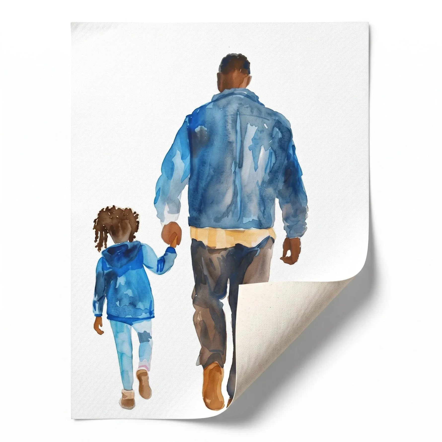 Black fatherhood canvas art rolled canvas print ready for custom framing, watercolor Black father and daughter walking. Digital mockup.