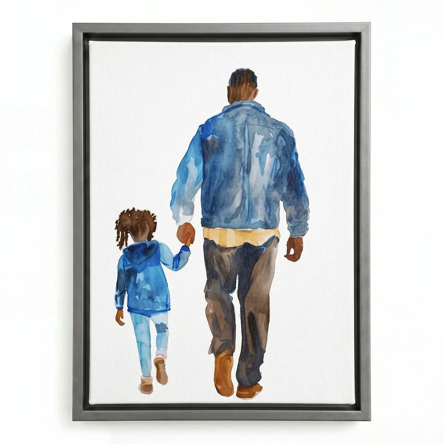 Black fatherhood canvas art in silver floating frame, modern watercolor Black father walking with daughter holding hands. Digital mockup.
