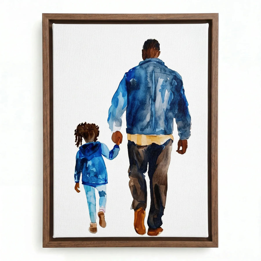 Black fatherhood canvas art in walnut floating frame, watercolor Black father and daughter walking holding hands. Digital mockup.