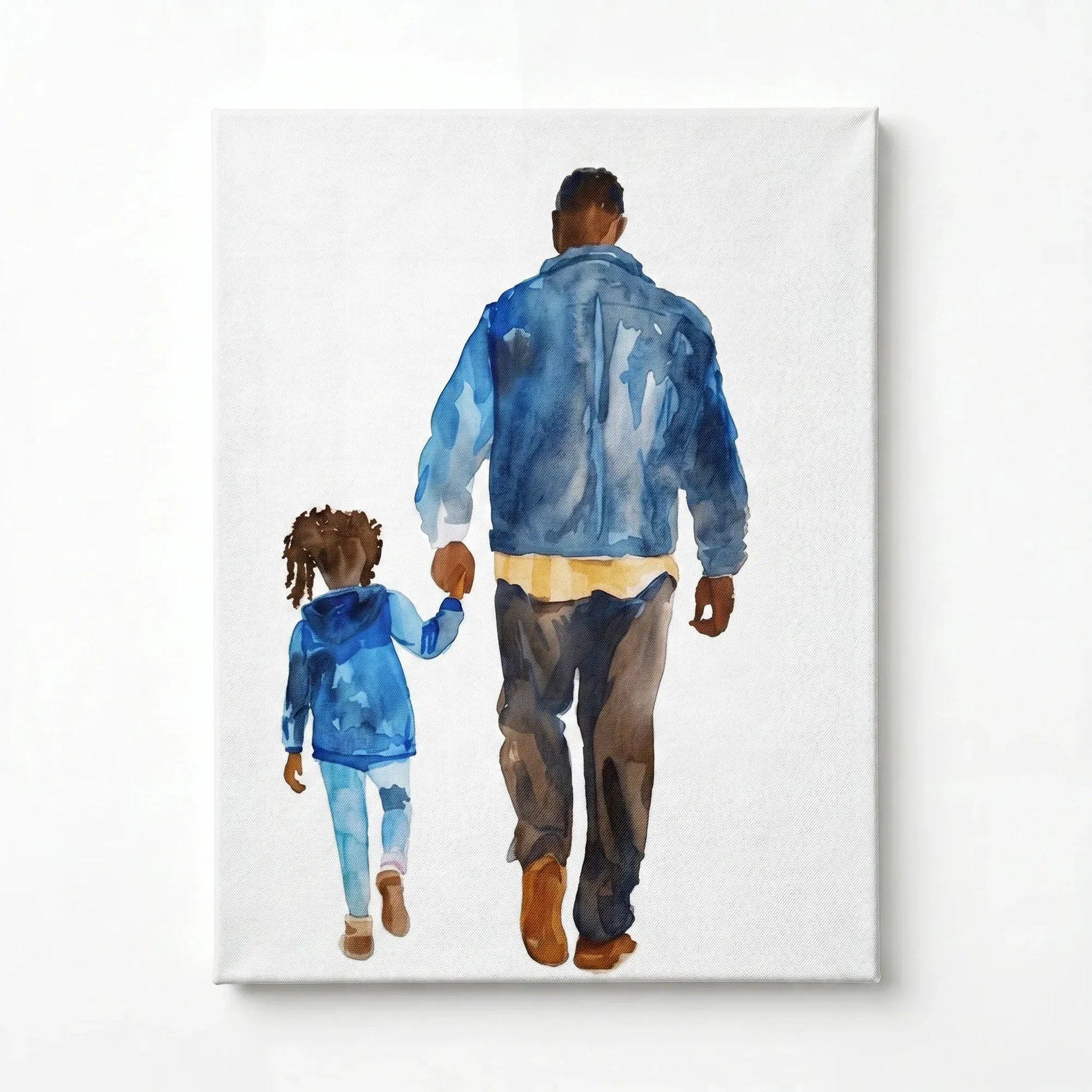 Black fatherhood canvas art stretched canvas, ready to hang. Watercolor Black father walking with daughter holding hands. Digital mockup.