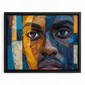 Black man with beard art in black floating frame, bold mosaic abstract close-up portrait of Black man with mustache. Digital mockup.