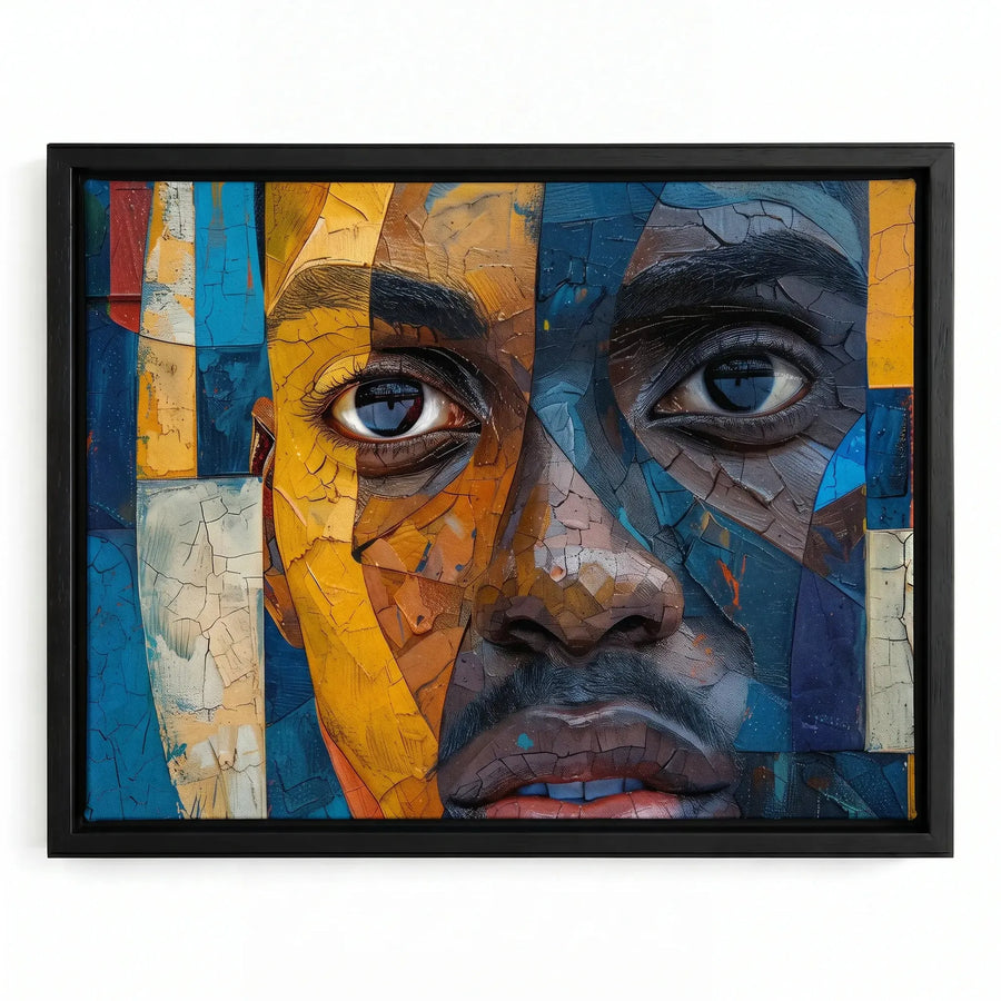 Black man with beard art in black floating frame, bold mosaic abstract close-up portrait of Black man with mustache. Digital mockup.