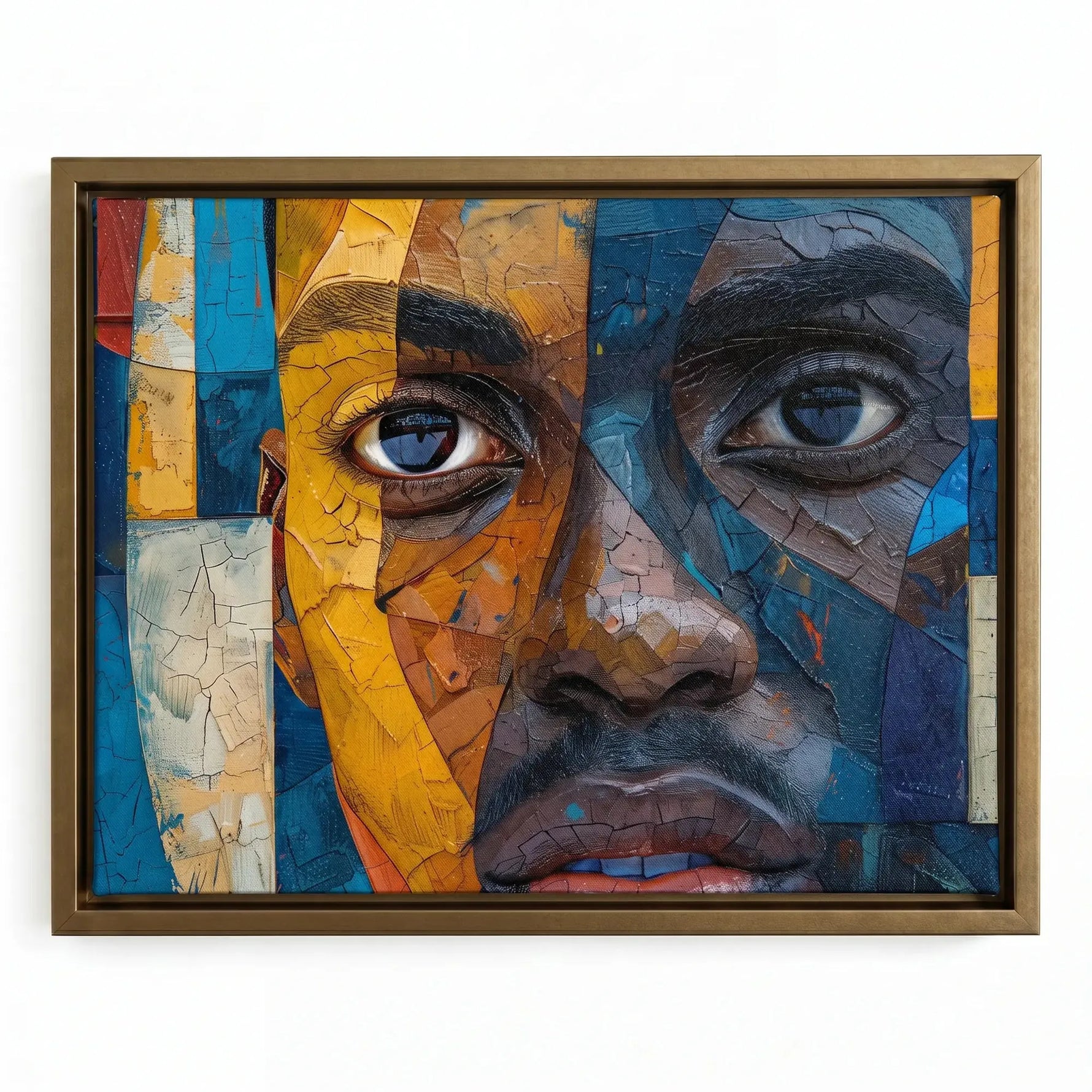 Black man with beard art in gold floating frame, contemporary mixed-media Black man portrait with mosaic panels, mixed media. Digital mockup.