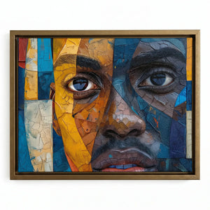Black man with beard art in gold floating frame, contemporary mixed-media Black man portrait with mosaic panels, mixed media. Digital mockup.