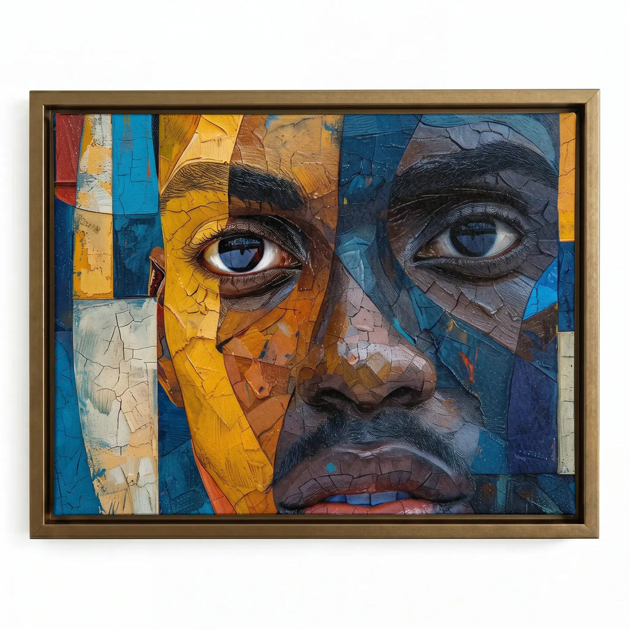 Black man with beard art in gold floating frame, contemporary mixed-media Black man portrait with mosaic panels, mixed media. Digital mockup.