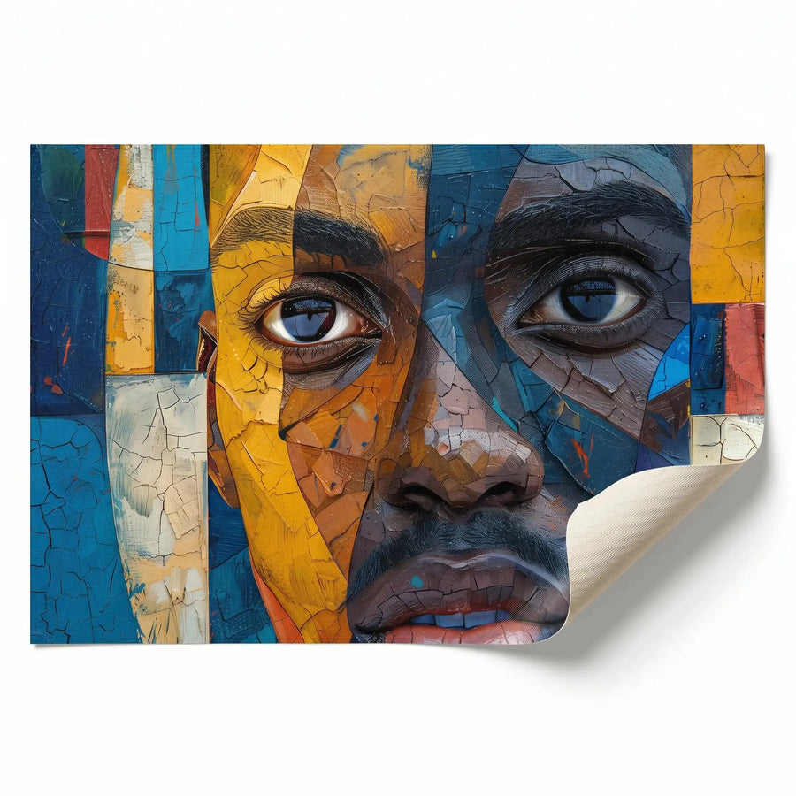 Black man with beard art rolled canvas print ready for custom framing, mosaic Black man close-up portrait, mixed media. Digital mockup.