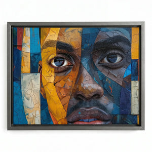 Black man with beard art in silver floating frame, modern mosaic abstract Black man close-up portrait. Digital mockup.