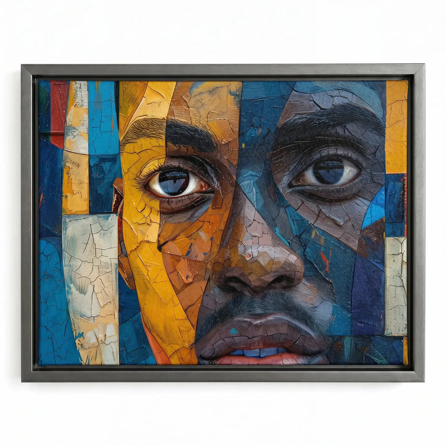 Black man with beard art in silver floating frame, modern mosaic abstract Black man close-up portrait. Digital mockup.