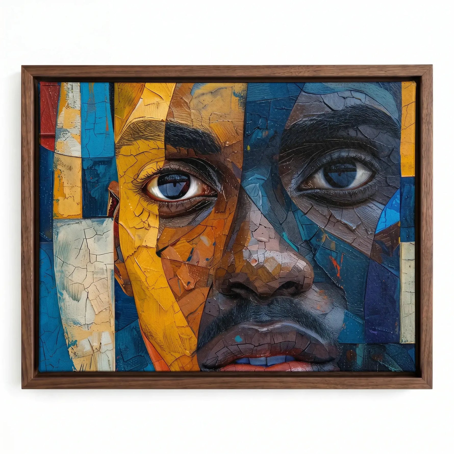 Black man with beard art in walnut floating frame, mosaic-fractured Black man portrait in blue gold and orange, mixed media. Digital mockup.