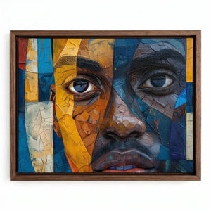 Black man with beard art in walnut floating frame, mosaic-fractured Black man portrait in blue gold and orange, mixed media. Digital mockup.