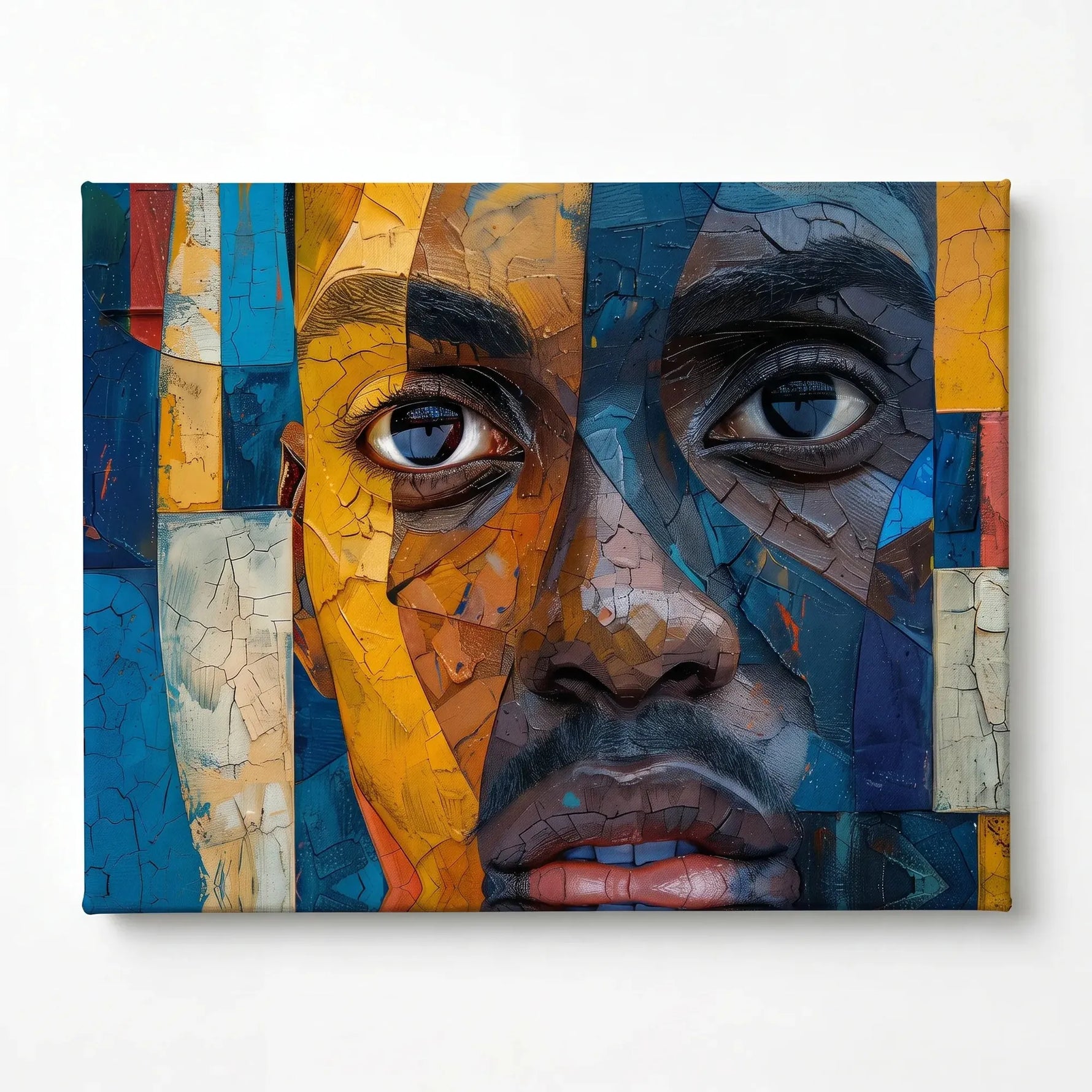 Black man with beard art stretched canvas, ready to hang. Mosaic abstract Black man close-up portrait. Digital mockup.