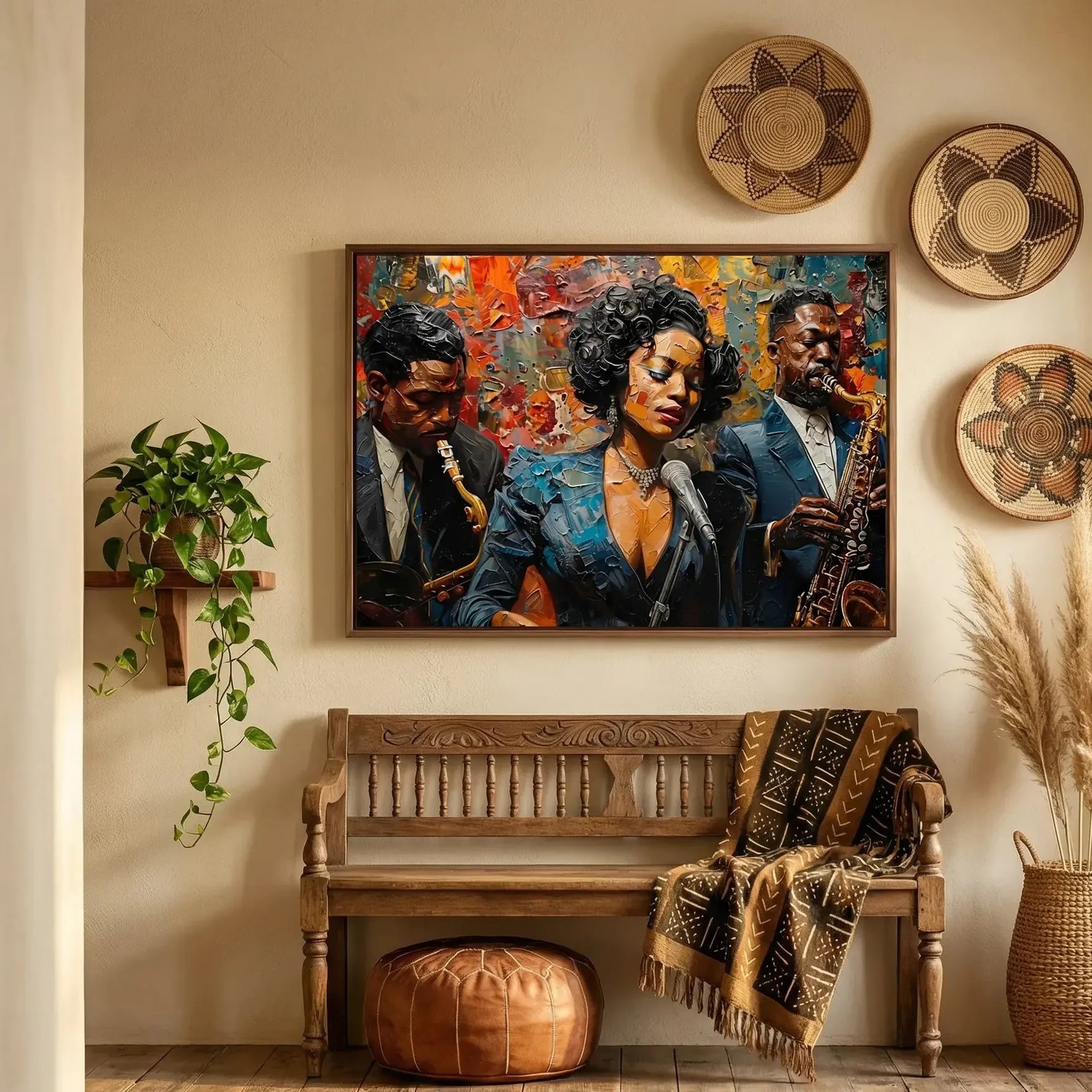 Afrohemian home decor wall art in boho hallway with woven African baskets and antique bench, vintage Black jazz trio. Digital mockup.