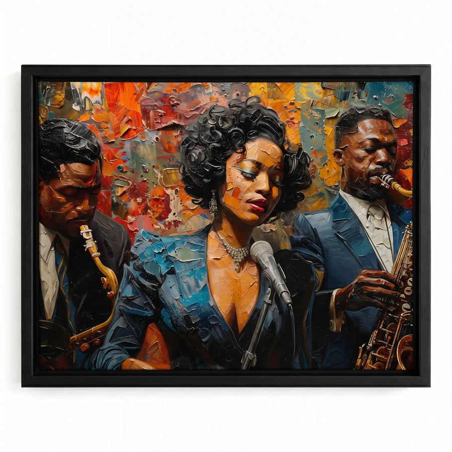 Harlem Renaissance art in black floating frame, impasto oil of Black jazz singer with pearl necklace and saxophonists. Digital mockup.