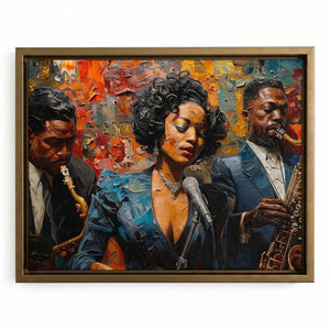 Harlem Renaissance art in gold floating frame, impasto vintage Black jazz singer trio with saxophonists. Digital mockup.