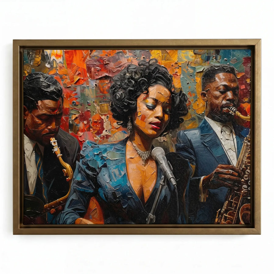 Harlem Renaissance art in gold floating frame, impasto vintage Black jazz singer trio with saxophonists. Digital mockup.