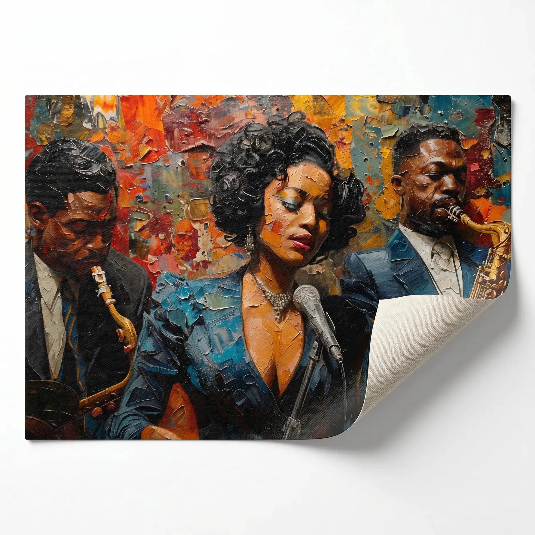 Harlem Renaissance art rolled canvas print ready for custom framing, Black jazz singer with sax players impasto oil painting. Digital mockup.