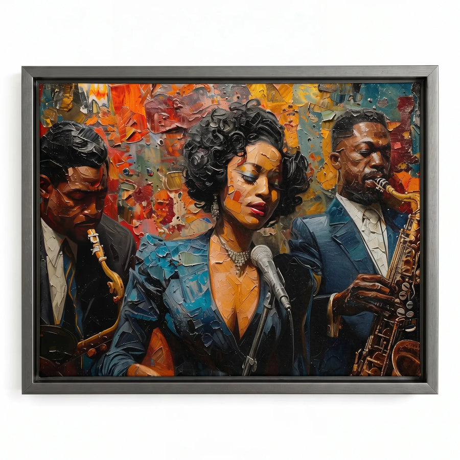 Harlem Renaissance art in silver floating frame, modern impasto Black jazz singer at microphone with sax players. Digital mockup.