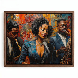 Harlem Renaissance art in walnut floating frame, vintage Black jazz singer at microphone with sax players impasto painting. Digital mockup.