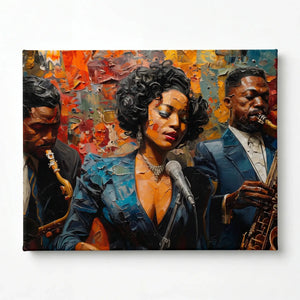 Harlem Renaissance art stretched canvas, ready to hang. Vintage Black jazz singer at microphone with sax players. Digital mockup.