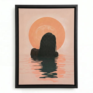 Tropical melanin beach wall art in black floating frame, Black woman emerging from water at peach sunrise. Digital mockup.