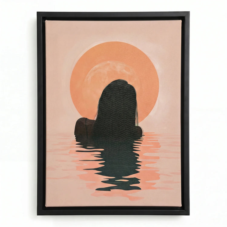 First Light canvas in black floating frame, Afrocentric wall decor. Digital mockup.