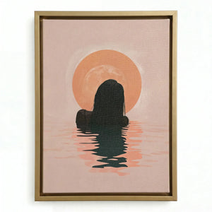 Tropical melanin beach wall art in gold floating frame, Black woman silhouette at peach sunrise reflection. Digital mockup.