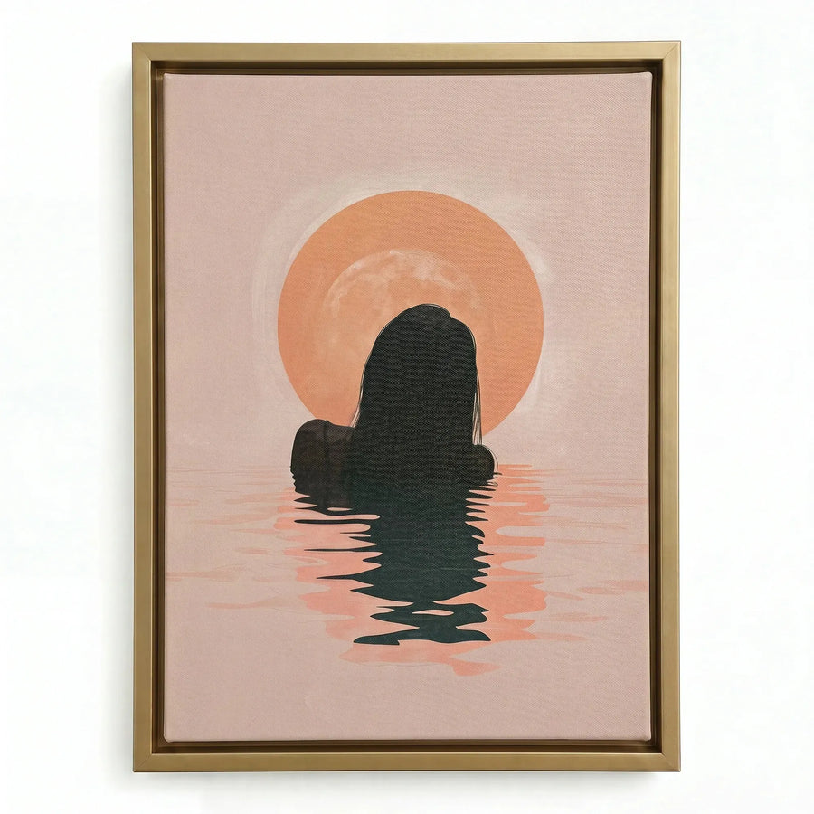 Tropical melanin beach wall art in gold floating frame, Black woman silhouette at peach sunrise reflection. Digital mockup.