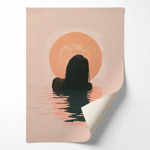 Tropical melanin beach rolled canvas print ready for custom framing, Black woman swimming at peach sunrise. Digital mockup.