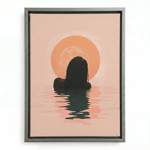 Tropical melanin beach wall art in silver floating frame, modern Black woman emerging from water at sunrise. Digital mockup.
