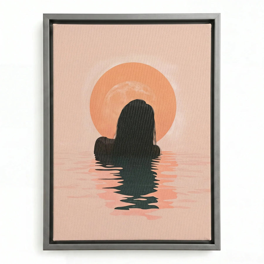 Tropical melanin beach wall art in silver floating frame, modern Black woman emerging from water at sunrise. Digital mockup.