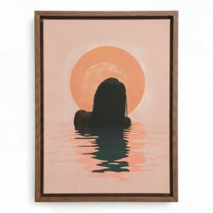 Tropical melanin beach wall art in walnut floating frame, soft pastel Black woman swimming at sunrise, silhouette portrait. Digital mockup.