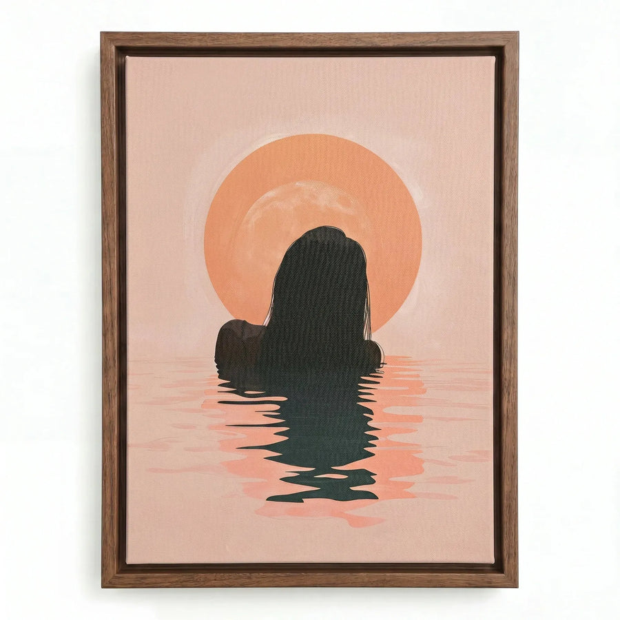 Tropical melanin beach wall art in walnut floating frame, soft pastel Black woman swimming at sunrise, silhouette portrait. Digital mockup.
