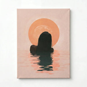Tropical melanin beach stretched canvas with gallery wrap, ready to hang. Black woman swimming at sunrise. Digital mockup.