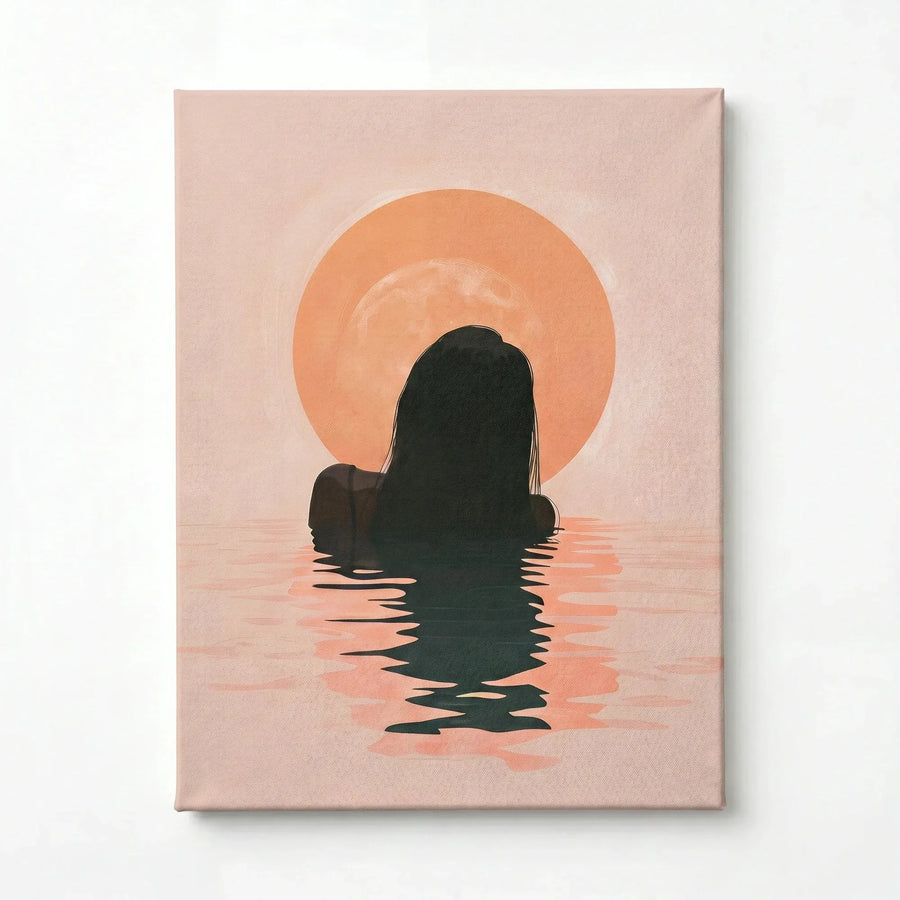 Tropical melanin beach stretched canvas with gallery wrap, ready to hang. Black woman swimming at sunrise. Digital mockup.