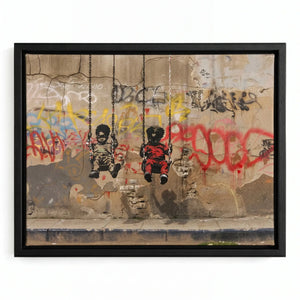 Black kids room decor in black floating frame, street-art Black boys on swings against graffiti urban wall. Digital mockup.