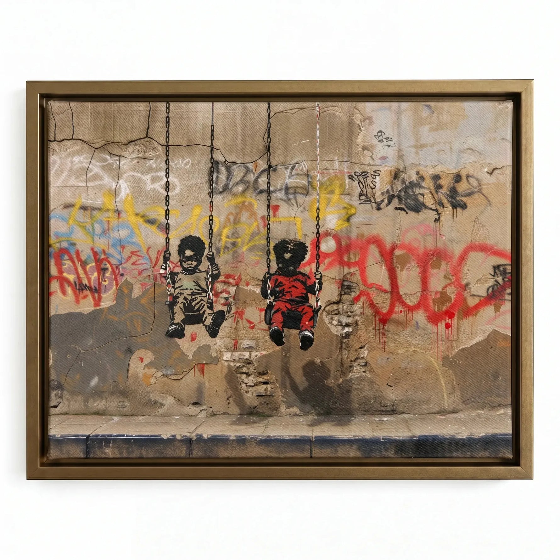 Black kids room decor in gold floating frame, street-art Black boys on swings against urban graffiti wall. Digital mockup.