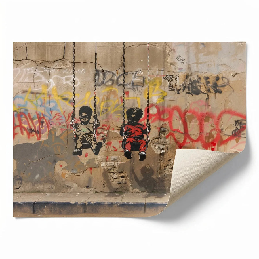 Black kids room decor rolled canvas print ready for custom framing, street-art Black boys on swings stencil. Digital mockup.