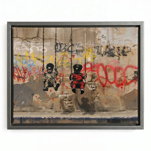 Black kids room decor in silver floating frame, modern street-art Black boys on swings stencil art. Digital mockup.