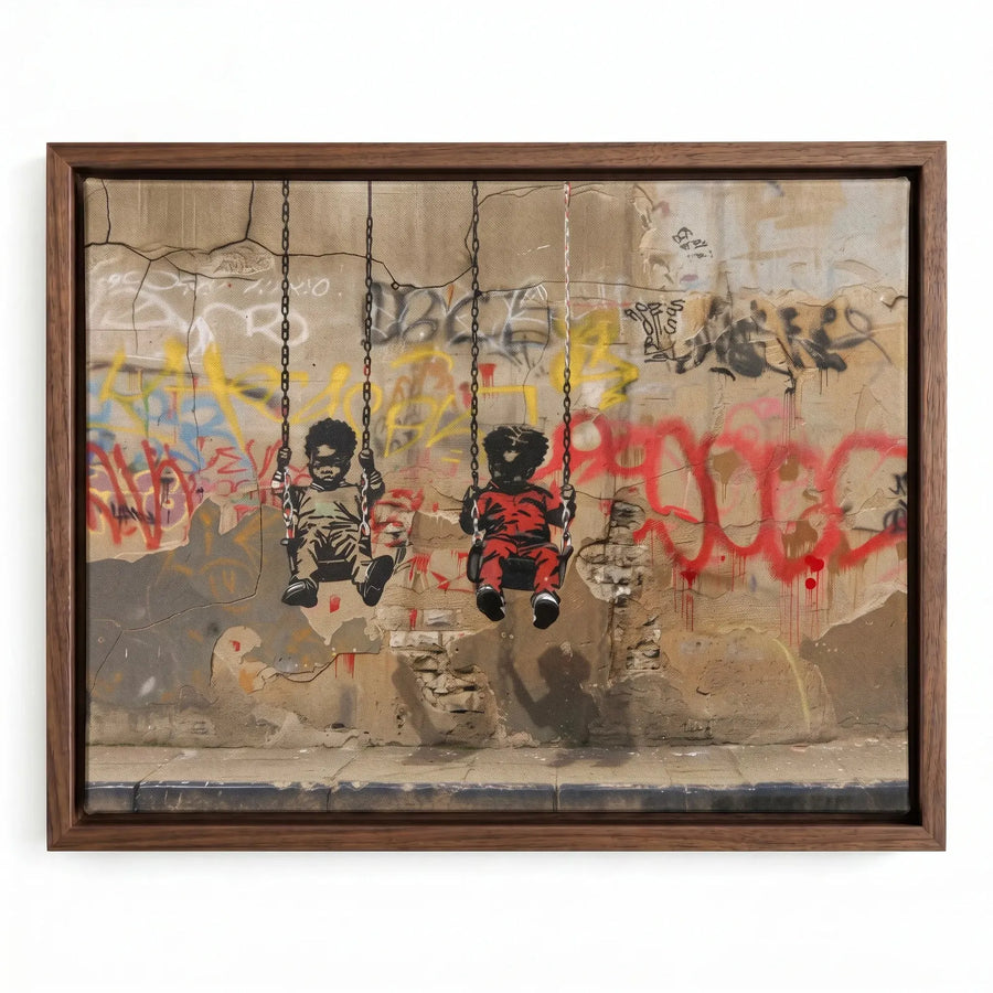 Black kids room decor in walnut floating frame, two Black boys on swings stencil graffiti street art. Digital mockup.